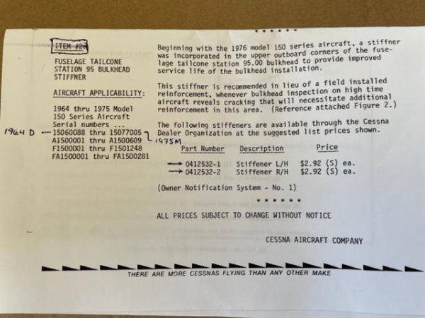 Cessna 150 RIGHT Fuselage Tail Cone Stiffener. Service Letter SE75-20. New Old Stock - part number 0412532-2 (view 3)