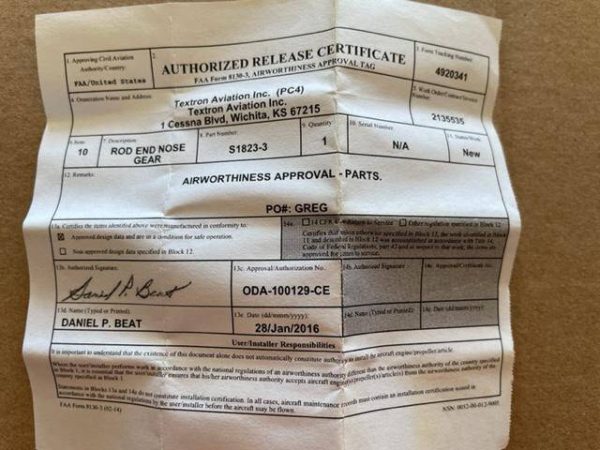 Cessna 150, 152, 172 Nose Gear Steering Bearing Rod End. New - part number S1823-3 (view 4)