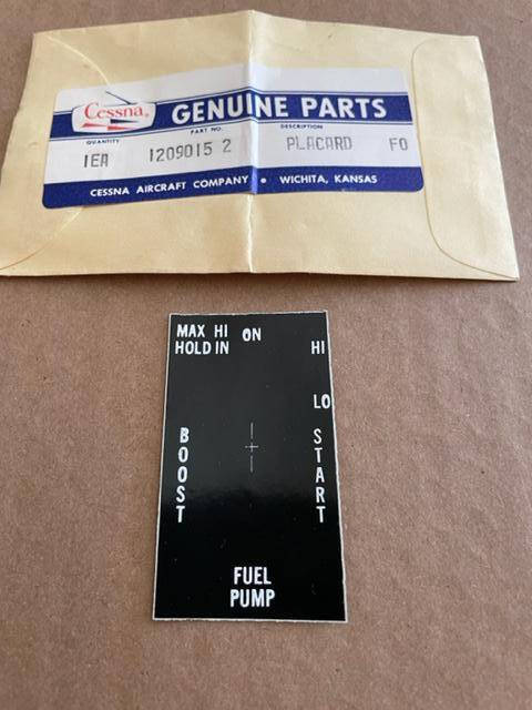 Cessna 205, 206, 210 Series Aux Fuel Pump Switch Decal. New Old Stock - part number 1209015-2