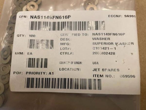 Cessna Citation Flat Washers. PN NAS1149FN616P. New - part number NAS1149FN616P (view 2)