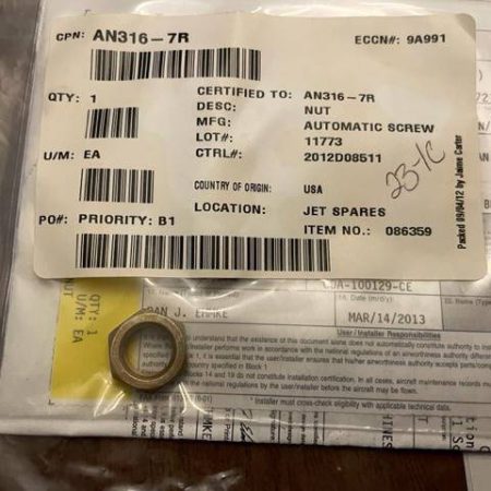 Cessna Citation Steel, Hex, Nut. New - part number AN316-7R