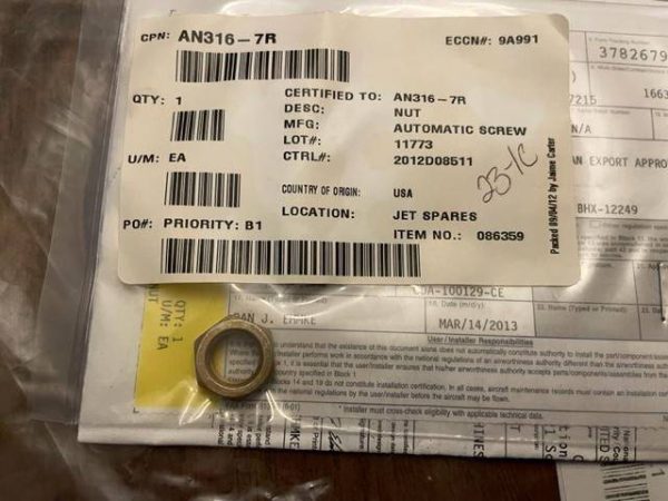 Cessna Citation Steel, Hex, Nut. New - part number AN316-7R