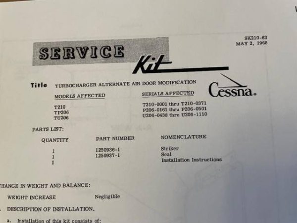 Cessna T210, T206 Turbocharger Alternate Air Door Modification Striker Plate. New Old Stock - part number 1250936-1 (view 3)