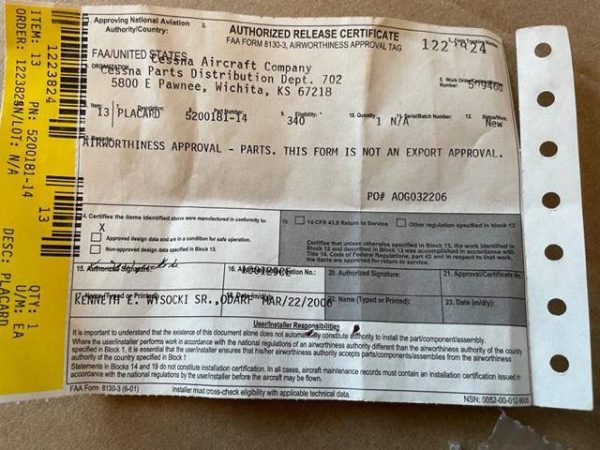 Cessna 340 Door Lock Indicator Placard. New - part number 5200181-14 (view 2)