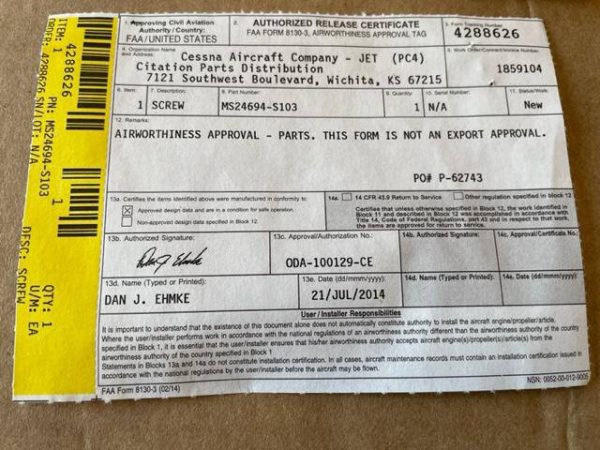 Cessna Citation Countersunk Screw. New - part number MS24694-S103 (view 1)