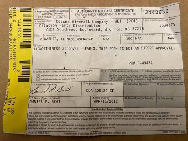 Cessna Citation Flat Washers. PN NAS1149FN616P. New - part number NAS1149FN616P (view 1)