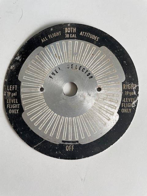 Cessna 172 I & M Fuel Selector Placard. Used - part number 0705048-2 or 0705048-17 or 0716615-7 (for the 1968 I)