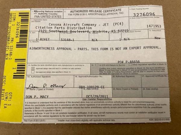 Cessna Citation Rivets. PN S3148-1. New Old Stock - part number S3148-1 (view 2)