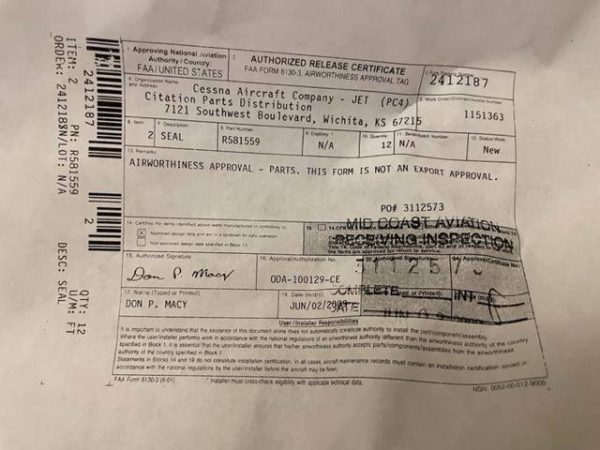 Cessna Citation Emergency Exit Door Seal, Spliceable. New - part number R581559 (view 2)