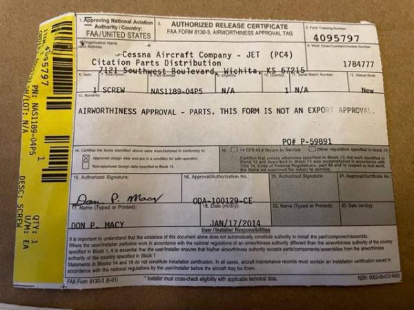 Cessna Citation Screw. PN NAS1189-04P5. New - part number NAS1189-04P5 (view 2)