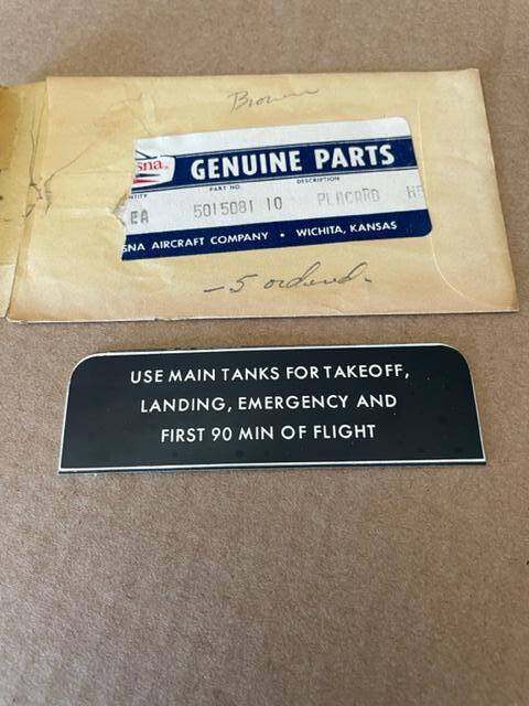 Cessna Fuel Use Placard. PN 5015081-10. New - part number 5015081-10