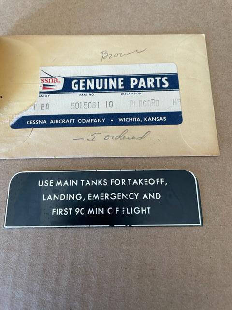 Cessna Fuel Use Placard PN 5015081-10. New - part number 5015081-10