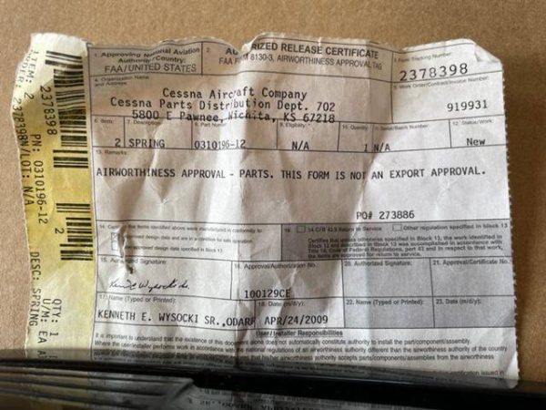 Cessna 172 Rudder Return Spring. New - part number 0310196-12 (view 2)