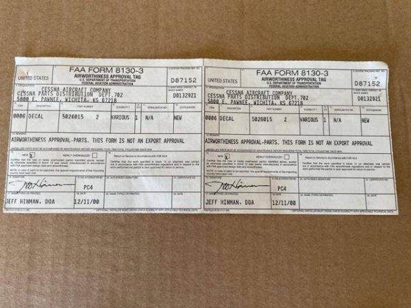 Cessna Placard "100/130 Aviation Fuel Aux Fuel Useable 48 Gallons. New - part number 5026015-2 (view 1)