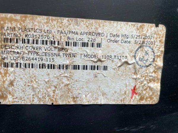 Twin Cessna RIGHT HAND Voltage Regulator Cover By Plane Plastics. As Removed - part number K0812570-1 (Plane Plastics) (view 4)
