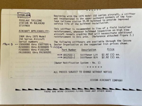 Cessna 150 LEFT Fuselage Tail Cone Stiffener. Service Letter SE75-20. New Old Stock - part number 0412532-1 (view 3)