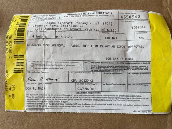 Cessna Citation Washers. PN MS27183-12. New - part number MS27183-12 (view 1)