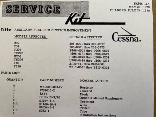 Cessna 205, 206, 210 Series Aux Fuel Pump Switch Decal. New Old Stock - part number 1209015-2 (view 1)