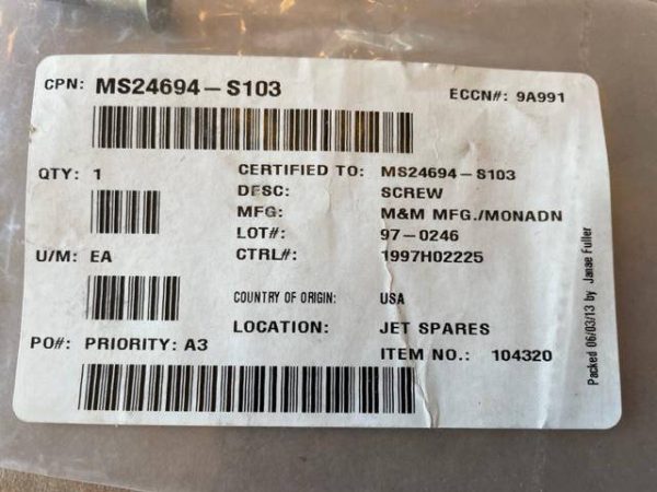 Cessna Citation Countersunk Screw. New - part number MS24694-S103 (view 2)