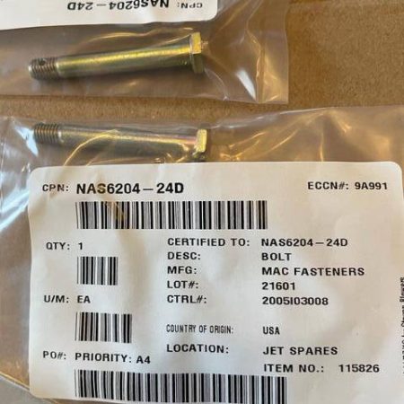 Cessna Citation NAS6204-24D Close Tolerance, Drilled Shank, Hex Head Bolts.  New.