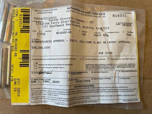 Cessna Citation 550 Slotted, Tubular Spring Pin. New - part number MS16562-66 (view 2)