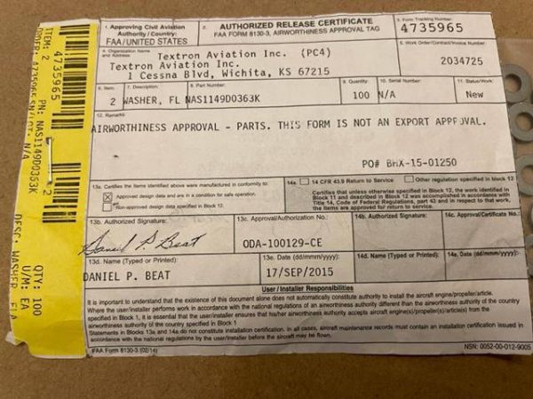 Cessna Flat Washers. PN NAS1149D0363K. New - part number NAS1149D0363K (view 2)